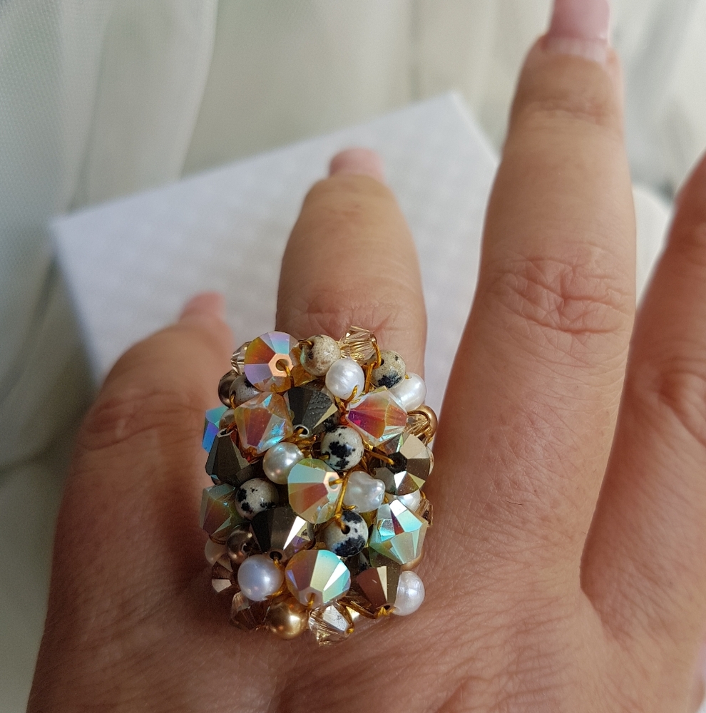 Swarovski Elements Large Dark Brown & Dalmatian Beads Cluster Statement Ring NWT - Picture 6 of 13